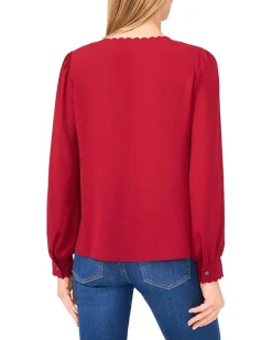 CeCe Long Sleeve Button Down Scalloped Top Women's
