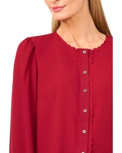 CeCe Long Sleeve Button Down Scalloped Top Women's
