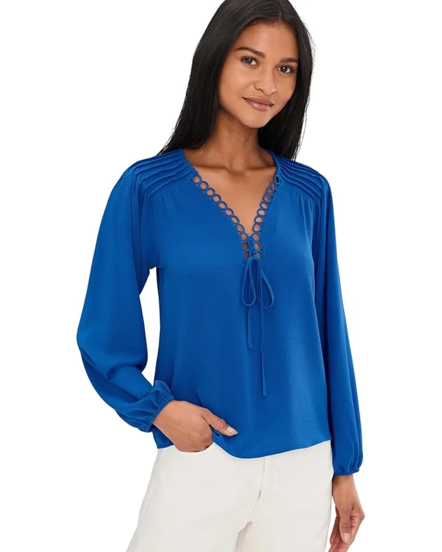 CeCe Long Sleeve Circular Trim Pintuck Top Women's