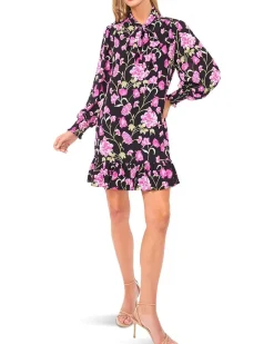 CeCe Long Sleeve Neck Bow Tie Floral Dress Women's