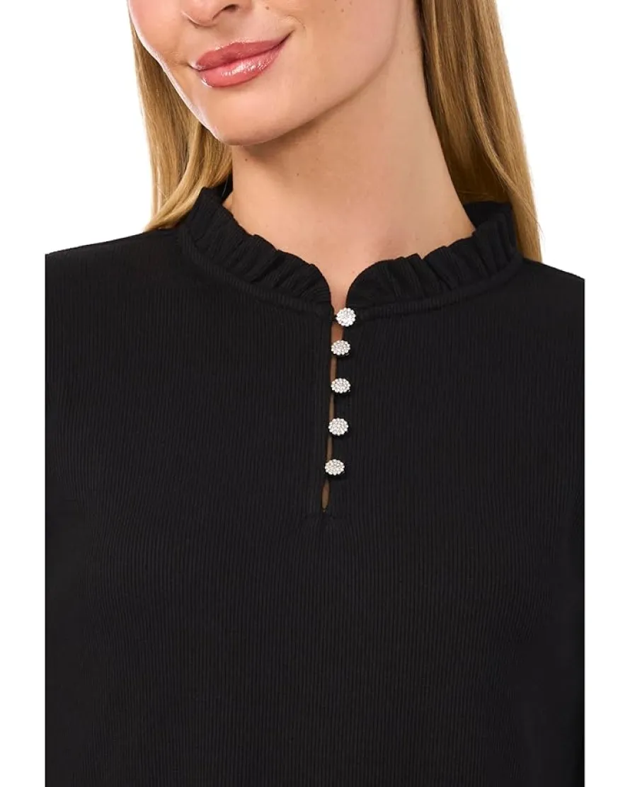 CeCe Long Sleeve Rib Knit Half Placket Top Women's