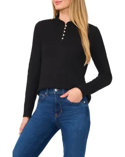 CeCe Long Sleeve Rib Knit Half Placket Top Women's