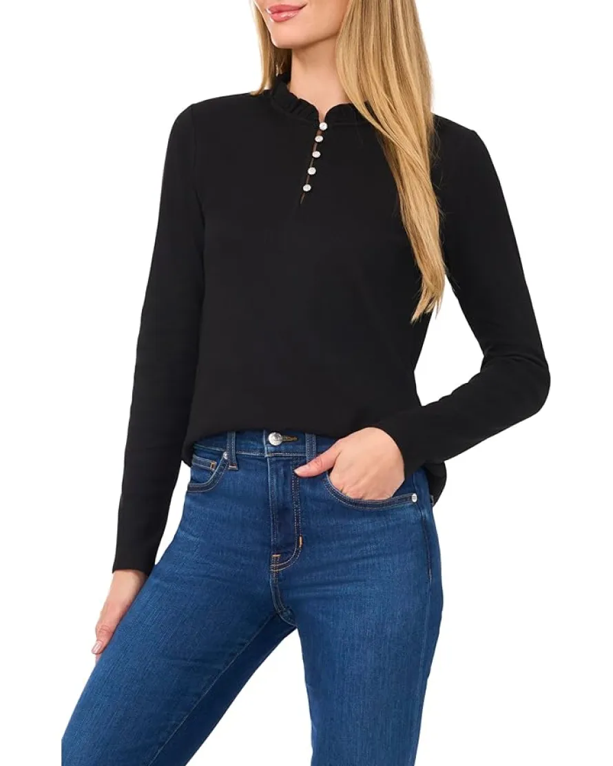 CeCe Long Sleeve Rib Knit Half Placket Top Women's