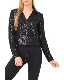 CeCe Long Sleeve Sequin Polo Top Women's