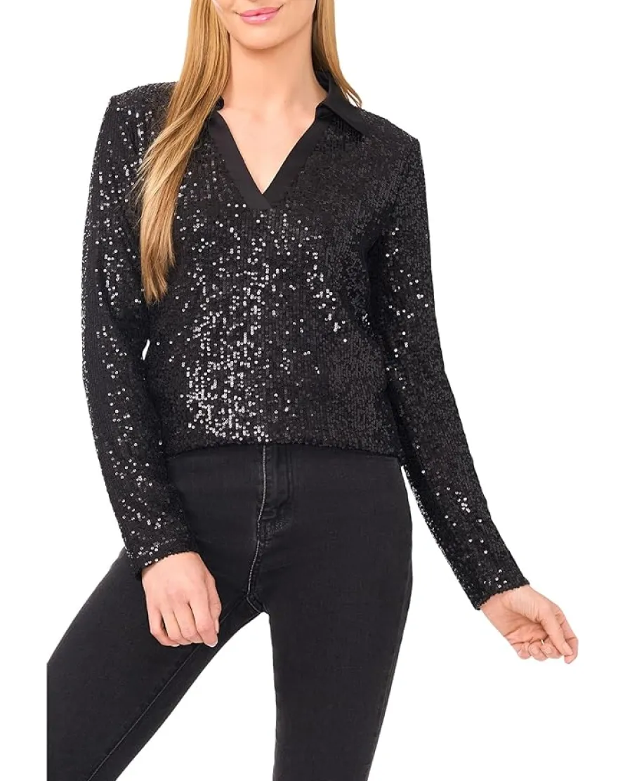 CeCe Long Sleeve Sequin Polo Top Women's