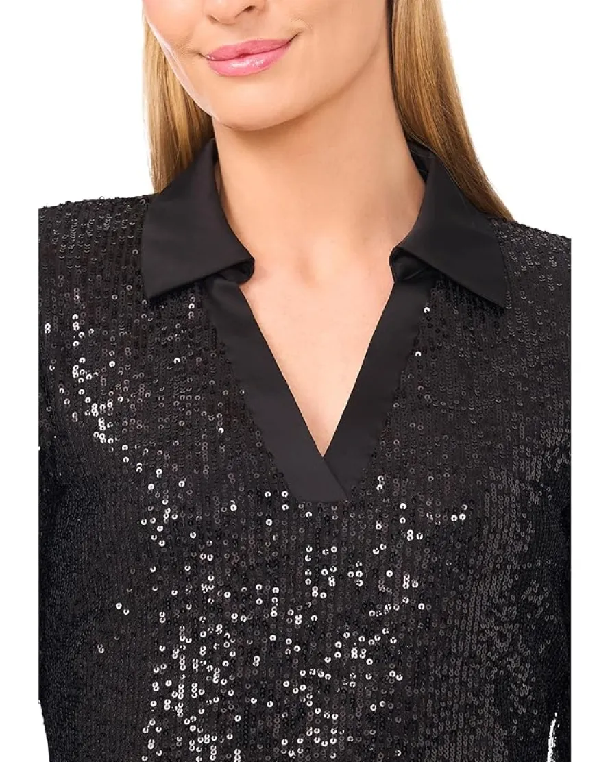 CeCe Long Sleeve Sequin Polo Top Women's