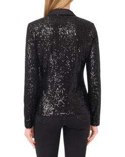 CeCe Long Sleeve Sequin Polo Top Women's