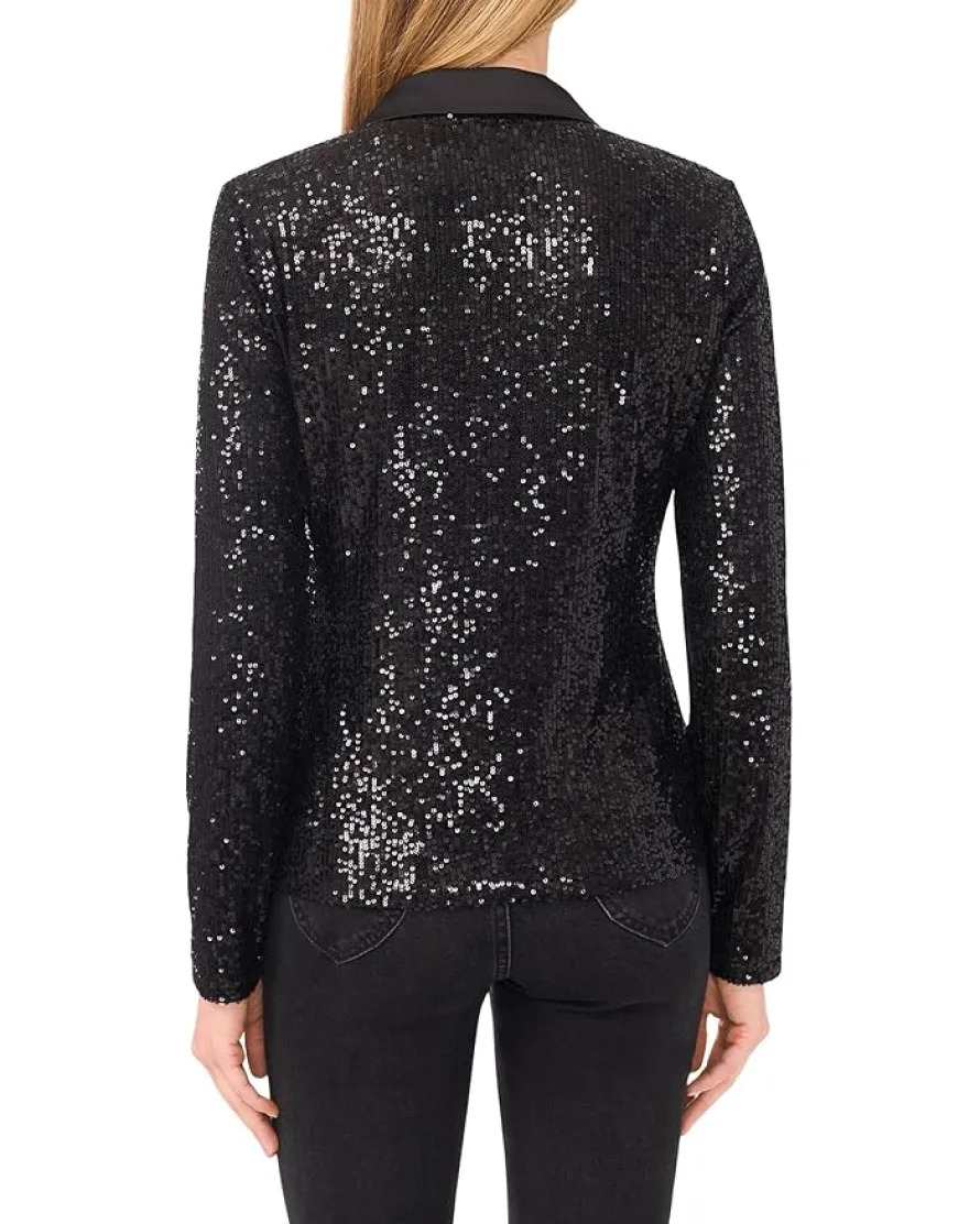 CeCe Long Sleeve Sequin Polo Top Women's