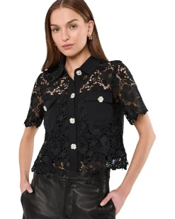 CeCe Patch Pocket Short Sleeve Lace Button Down Women's