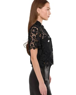 CeCe Patch Pocket Short Sleeve Lace Button Down Women's