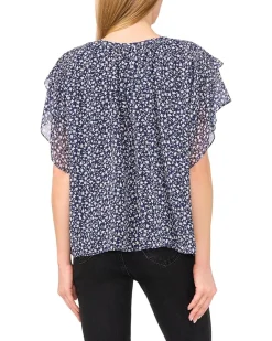 CeCe Printed Tie Neck Double Ruffled Sleeve Top Women's
