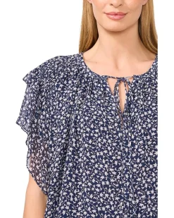 CeCe Printed Tie Neck Double Ruffled Sleeve Top Women's
