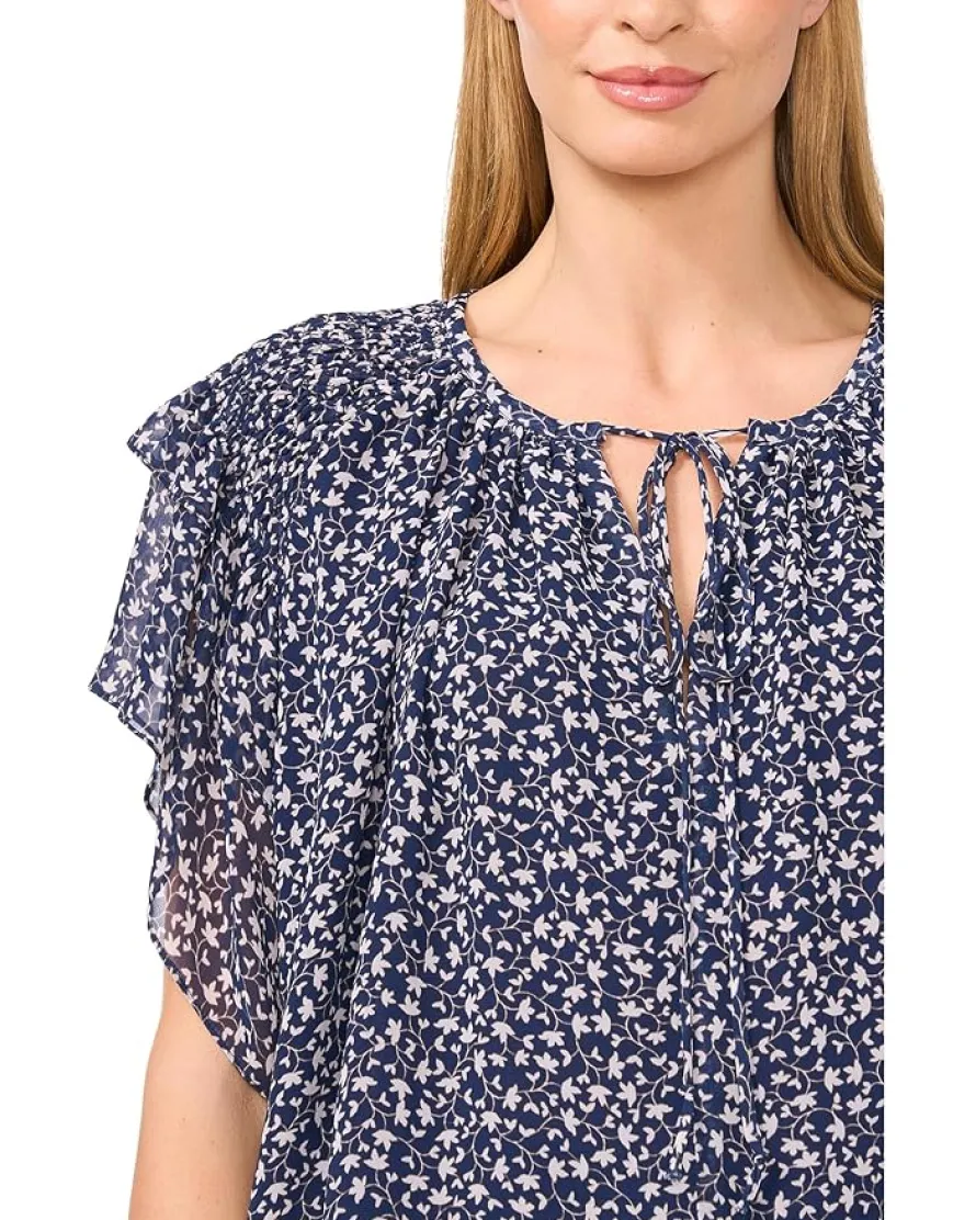 CeCe Printed Tie Neck Double Ruffled Sleeve Top Women's