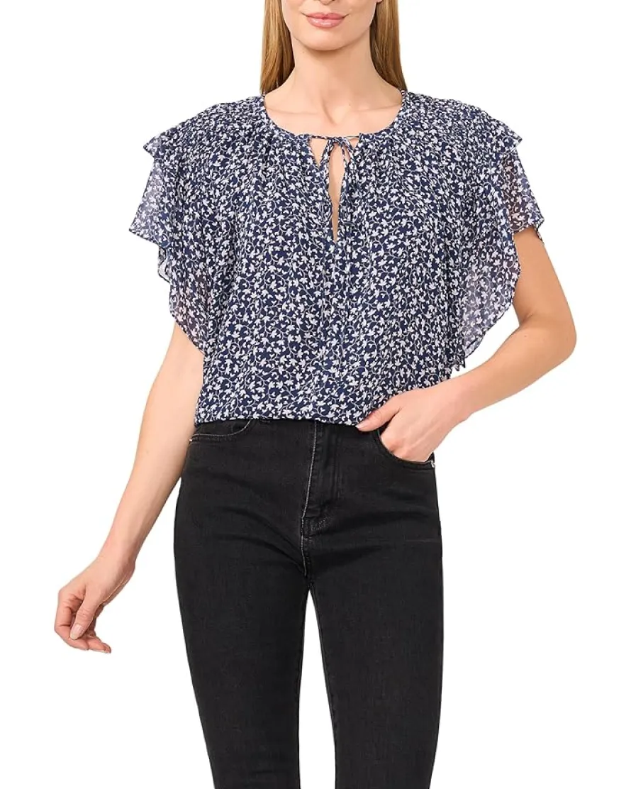 CeCe Printed Tie Neck Double Ruffled Sleeve Top Women's