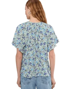 CeCe Shirred Short Sleeve Key Hole Top Women's