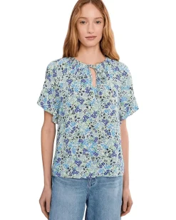 CeCe Shirred Short Sleeve Key Hole Top Women's