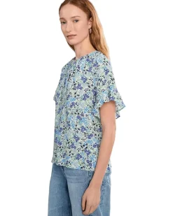 CeCe Shirred Short Sleeve Key Hole Top Women's