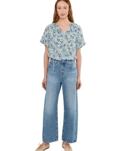 CeCe Shirred Short Sleeve Key Hole Top Women's