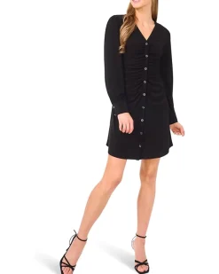 CeCe Shirred V-Neck Button Down Dress Women's