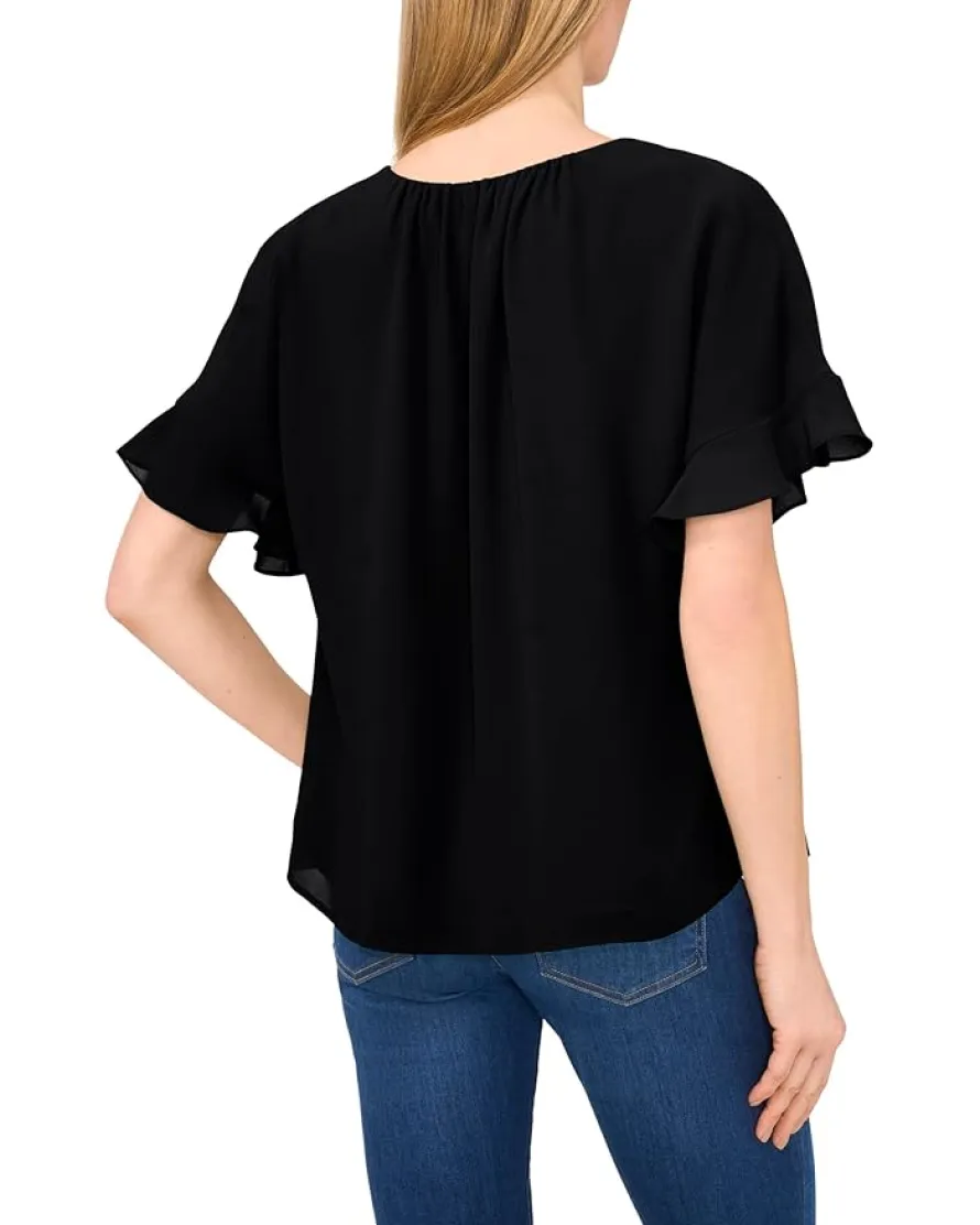 CeCe Short Sleeve Half Button Flowy Blouse Women's