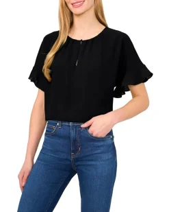 CeCe Short Sleeve Half Button Flowy Blouse Women's