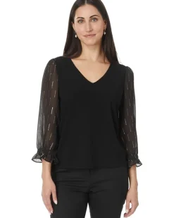 CeCe 3/4 Sleeve Mixed Media Knit Top Women's