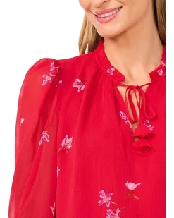 CeCe Smocked Cuff Ruffle Tie Neck Top Women's