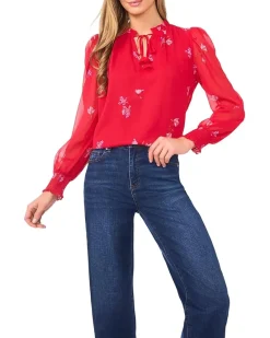 CeCe Smocked Cuff Ruffle Tie Neck Top Women's