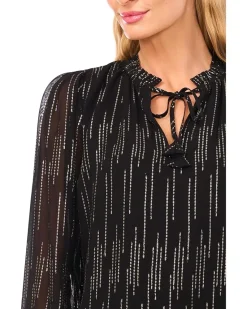 CeCe Smocked Cuff Ruffle Tie Neck Top Women's