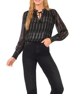 CeCe Smocked Cuff Ruffle Tie Neck Top Women's