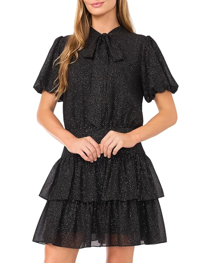 CeCe Tie Neck Ruffled Tier Mini Dress Women's
