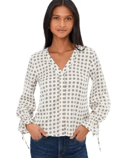 CeCe V-Neck Button Down Tie Sleeve Top Women's
