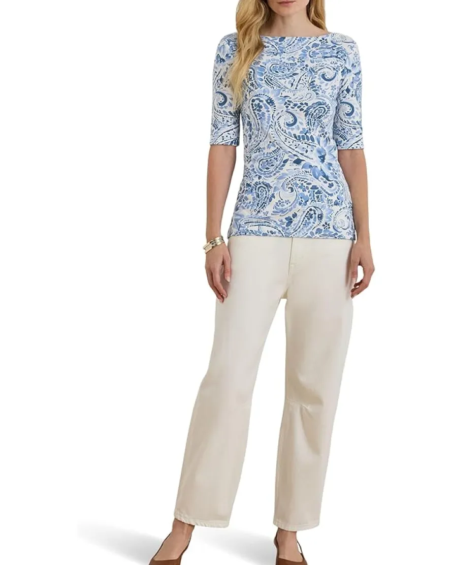 Lauren Ralph Lauren Paisley Stretch Cotton Boatneck Tee Women's