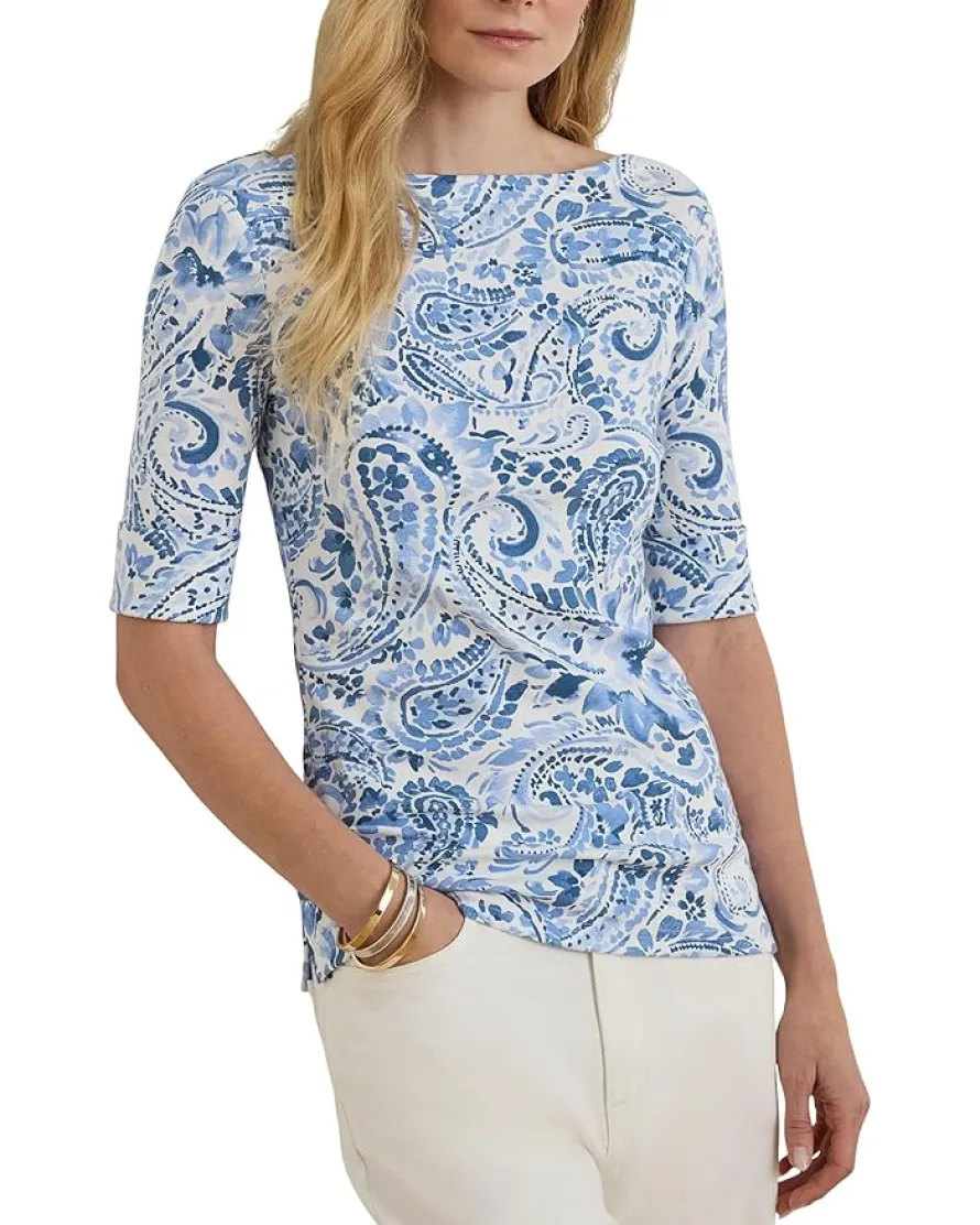 Lauren Ralph Lauren Paisley Stretch Cotton Boatneck Tee Women's