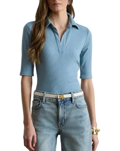 Lauren Ralph Lauren Rib-Knit Elbow-Sleeve Polo Tee Women's