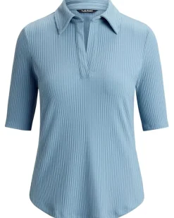 Lauren Ralph Lauren Rib-Knit Elbow-Sleeve Polo Tee Women's