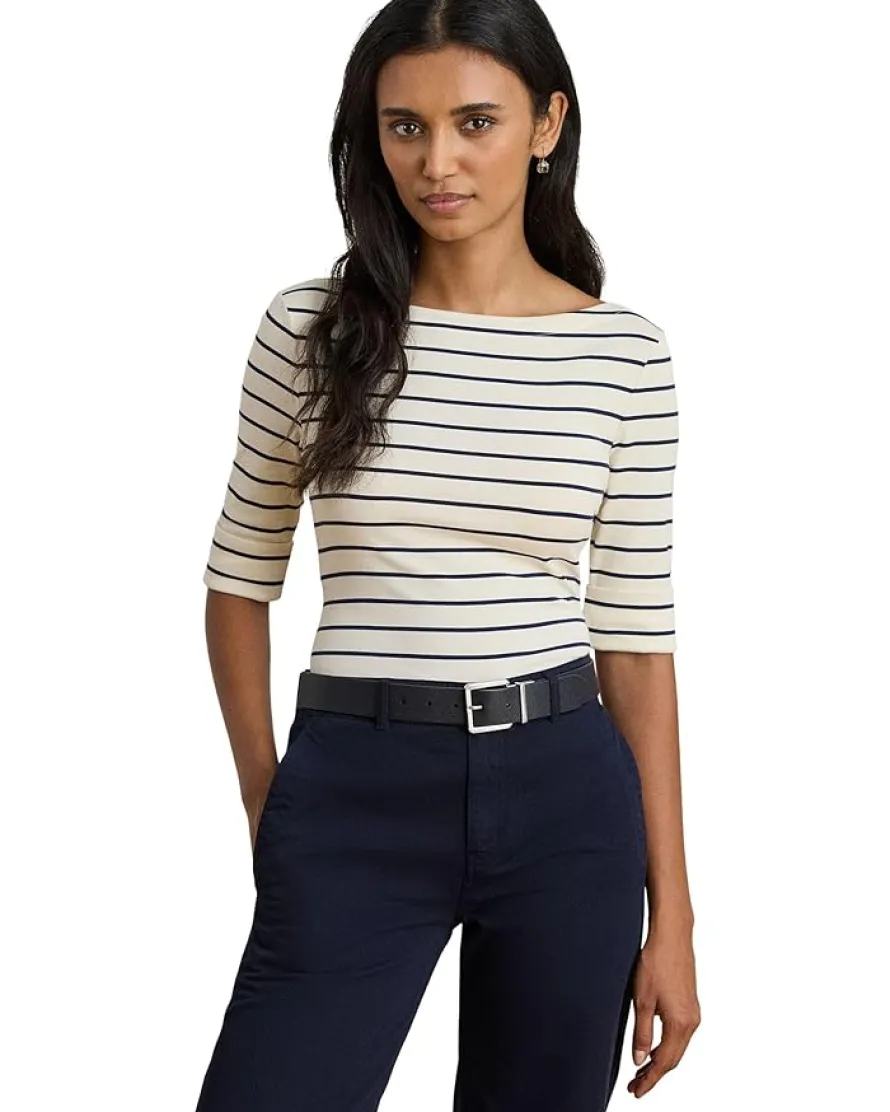 Lauren Ralph Lauren Striped Stretch Cotton Boatneck Tee Women's