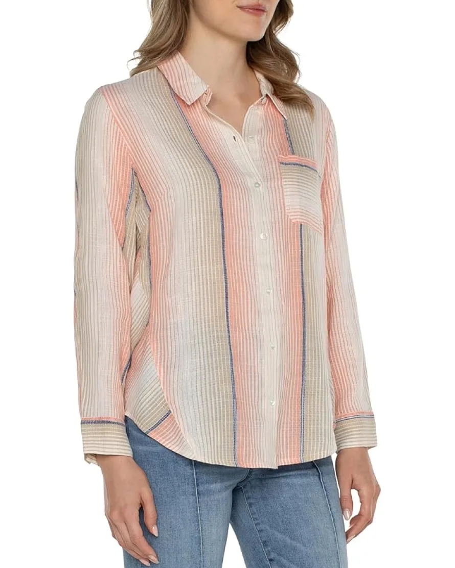 Liverpool Los Angeles Button Front Shirt with 3/4 Sleeve Ombre Woven Stripe Women's
