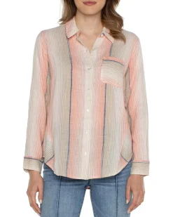 Liverpool Los Angeles Button Front Shirt with 3/4 Sleeve Ombre Woven Stripe Women's