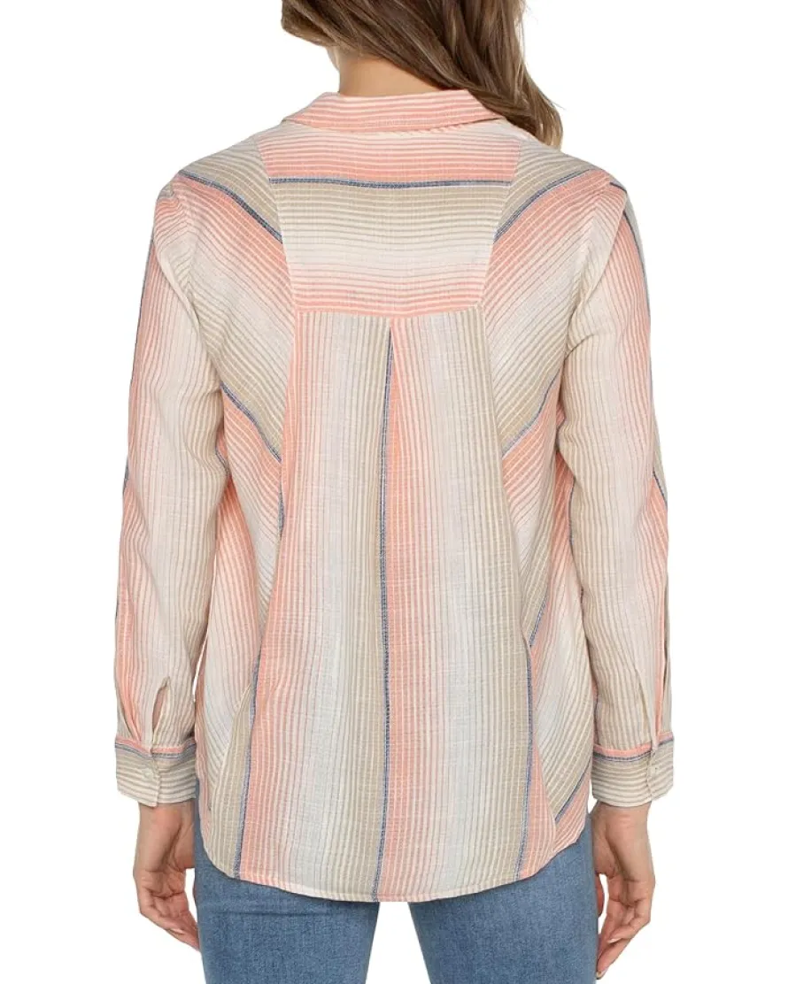 Liverpool Los Angeles Button Front Shirt with 3/4 Sleeve Ombre Woven Stripe Women's