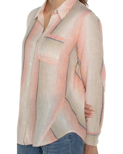 Liverpool Los Angeles Button Front Shirt with 3/4 Sleeve Ombre Woven Stripe Women's