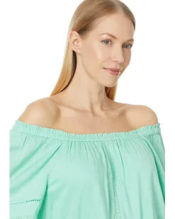 Liverpool Los Angeles Cropped Bell Sleeve Woven Top with Lace Trim Women's