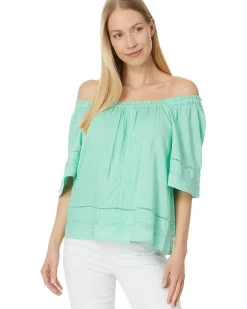 Liverpool Los Angeles Cropped Bell Sleeve Woven Top with Lace Trim Women's