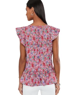 Liverpool Los Angeles Flutter Sleeve Peplum Woven Top with Ties Women's