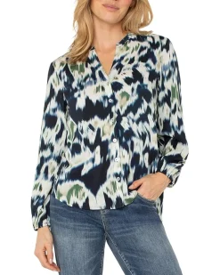 Liverpool Los Angeles Long Sleeve Button Front Shirred Woven Blouse Women's