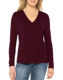 Liverpool Los Angeles Long Sleeve V-Neck Knit Top W/ Shirring Women's