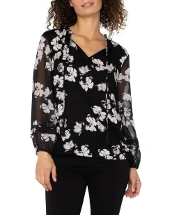 Liverpool Los Angeles Long Sleeve Popover Shirred Woven Blouse Women's