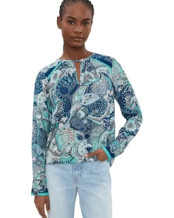 Liverpool Los Angeles Petite Long Sleeve Woven Top w/ Keyhole Neckline Women's