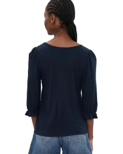 Liverpool Los Angeles Petite Elbow Sleeve Notch Knit Tee Women's