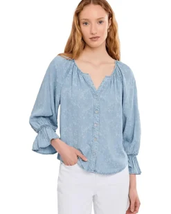 Liverpool Los Angeles Petite 3/4 Sleeve Button Front Shirred Woven Top Women's